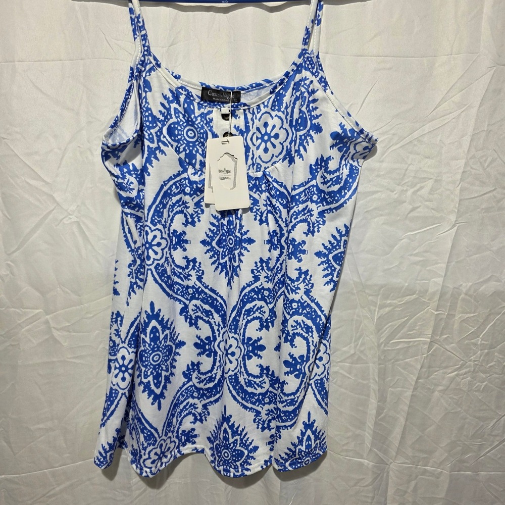 Coeur De Vague Blue White Paisley Damask Camisole Tank Top XL NWT